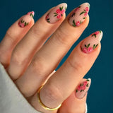 Xpoko 24Pcs Short Round Head Pink Fake Nails with Rose Flowers leaf Pattern Wearable Almond False Nail Full Cover Press on Nails Tips