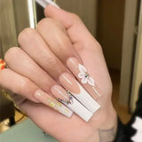 Xpoko 24Pcs Square Head False Nails Long Fake Nails White French Press on Nails Detachable Ballet Butterfly Flower Design Fake Nail