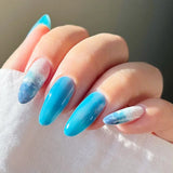 Xpoko 24pcs Long Almond Fake Nails with Blue Ocean Shells Designs Wearable Acrylic Fake Nails with Glue Full Cover French Nails Tips