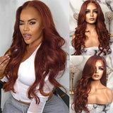 Xpoko Copper Red Brown Wavy Synthetic Lace 13X1 T Part Wigs For Women Reddish Brown Long Body Wave Pre Plucked With Baby Hair Fiber