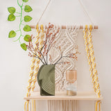 Xpoko DIY Handmade Tassel Macrame Tapestry Wall Hanging Shelf Boho Cotton Rope Woven Plant Hanger Wood Floating Shelf Wall Decor