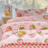 Cute Strawberry Duvet Cover, Floral Thickened Comforter Covers Kawaii Bedding Set, Soft Reversible Design for Girls Women Boys