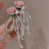 Xpoko Korean Fashion Pink Flower Pearl Tassel Earrings for Women Luxury Fairy Jewelry