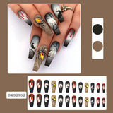 Xpoko 24pcs Long Ballet Coffin Gradient Black False Nails Halloween 3D Spider Crow Design Fake Nails Wearable Full Cover Press on Nail