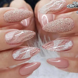 Xpoko 24Pcs Nude Pink Almond False Nails Glitter Powder Designs Fake Nail Long Stiletto Nails Set Artificial Wearable Press on Nails