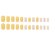 Xpoko 24Pcs Short Square Head Fake Nails Yellow False Nails with Flowers Simple French Tips Wearable Summer Full Cover Press on Nails