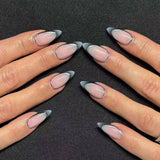 Xpoko 24Pcs Short French False Nails with Silver Edge Simple Nails Press on Acrylic Almond Ballerina Fake Nails Full Over Nail Tips