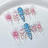 Xpoko 10pcs detachable Long stiletto almond false nails aurora sweet cool fake nails with 3D butterfly love full cover press on nails