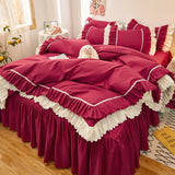 Xpoko Pink Lace Ruffle Bedding Set Luxury Bed Skirt Sheet Bedspread Korean Duvet Cover Girls Princess Bedspread Pillowcases