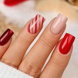 Xpoko 2024 Snowman Christmas Fake Nails Square Head Red Glossy Artificial Nail Patch Snowflake Pattern Press on Nail Tips for Girls