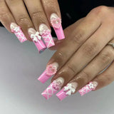 Xpoko 24Pcs Extra Long Ballet False Nails with frog print strawberry Designs Wearable Pink French Press on Nails Acrylic Fake Nail Tip