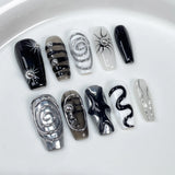 Xpoko 10pc Halloween Press on Nails Dark Sweet Cool False Nails with Cat Eye Metal Star Design Y2k Detachable Full Cover Fake Nail Tip