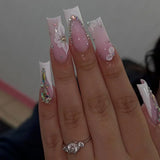 Xpoko 24Pcs Square Head False Nails Long Fake Nails White French Press on Nails Detachable Ballet Butterfly Flower Design Fake Nail