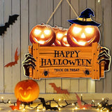 Xpoko LED Pumpkin Hanging Board Halloween Wood Door Welcome Sign Halloween Party Outdoor Yard Garden Wall Autumn Pumpkin Hangable Prop