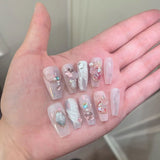 Xpoko 10pcs Pink Cat Eye Coffin Fake Nails with 3D Tulip Pearl Detachable Artificial False Nails with Glue Full Cover Press On Nails