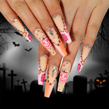 Xpoko 24pcs Long Ballet Coffin Gradient Black False Nails Halloween 3D Spider Crow Design Fake Nails Wearable Full Cover Press on Nail