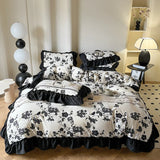 Xpoko Home Textile French Vintage 3/4PC Washed Cotton Black White Ruffle Duvet Cover Flat Sheet With Pillowcase  For Girls Bedding Set