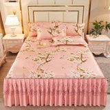 Xpoko European Luxury Bed Skirts Ice Silk Mat Skirt with Lace Macrame Queen Floral Sheet Bedspread Soft Bedding for Elegant Home Decor