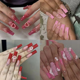 Xpoko 24pcs Valentine's Day false nails pink artificial nails wearable long coffin ballet fake nails with glue press on acrylic nail