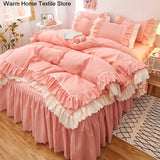 Xpoko Pink Lace Ruffle Bedding Set Luxury Bed Skirt Sheet Bedspread Korean Duvet Cover Girls Princess Bedspread Pillowcases