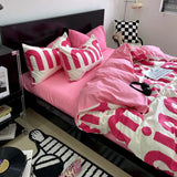 Xpoko Korean Style Pink Letter Bedding Set Flat Bed Sheet Pillowcase Twin Full Queen Size Bed Linen Women Girls Duvet Cover No Filling