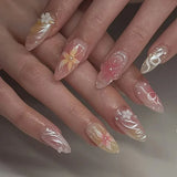 Xpoko 24pcs Short Almond Press on Nails 3D Flower Butterfly Fake Nails with Glue Colorful Natural Acrylic False Nails Full Cover Nails