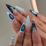 Xpoko 24pcs Long Almond Fake Nails with Blue Ocean Shells Designs Wearable Acrylic Fake Nails with Glue Full Cover French Nails Tips