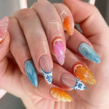 Xpoko 24pcs Short Almond Press on Nails 3D Flower Butterfly Fake Nails with Glue Colorful Natural Acrylic False Nails Full Cover Nails