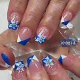 Xpoko 24Pcs Short Square Press on Nails Blue White Flower Design French False Nails Ballerina Wearable Full Cover Fake Nail Art Tips