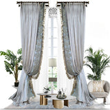 Xpoko French Luxury Gray Velvet Lace Stitching Tassel Blackout Curtain For Living Room American Retro Villa Bedroom Drapes Custom