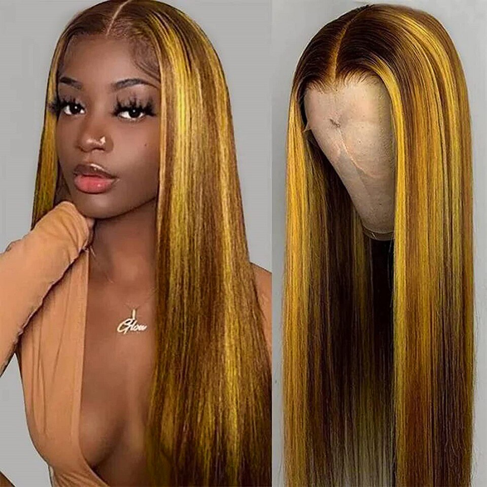 Xpoko Honey Blonde Highlight Wig Synthetic Lace Wigs T Part Brown Straight Pre Plucked Colored Ash Blonde Wig Heat Resistant Fiber
