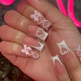 Xpoko 24pc square False Nails Press on Nails butterfly designs Fake Nail Tips Glitter Powder DIY Full Cover Detachable Ballerina Nail