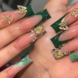 Xpoko 24Pcs Green French Fake Nails with Diamond Gold Butterfly False Nails Elegant Acrylic Artificial Nails Wearable Long Square Nail