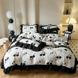 Xpoko Home Textile French Vintage 3/4PC Washed Cotton Black White Ruffle Duvet Cover Flat Sheet With Pillowcase  For Girls Bedding Set