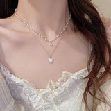 Xpoko 2023 New Fashion Trend Light Luxury Elegant Delicate Pearl Double Layer Heart Necklace Ladies High Jewelry Party Gifts Wholesale