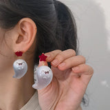 Xpoko Christmas Gifts Cute Resin Ghost Drop Earrings for Women Red Bowknot Star Ghost Earring Christmas Halloween Festival Party Jewelry Accessories