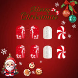 Xpoko 24pcs Christmas Press-On Nails Set - Glossy Red & White Striped Short Square Ballet Fake Nails with Snowflake Design for Women