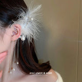 Xpoko Lizakosht Unique Long White Feather Pearl Tassel Earrings for Women Creative Clip-On Party Jewelry No Piercing