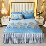 Xpoko European Luxury Bed Skirts Ice Silk Mat Skirt with Lace Macrame Queen Floral Sheet Bedspread Soft Bedding for Elegant Home Decor