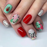 Xpoko 24pcs Short False Nails 2024 New Christmas Cute Reindeer Red and Green Color Fake Nails Wearable Manicure Set Press on Nails