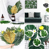 Artificial Tropical Palm Leaves Hawaiian Luau Jungle Party Golden Stems Leaf Decoration Table Wedding Birthday Decor Fake Plants