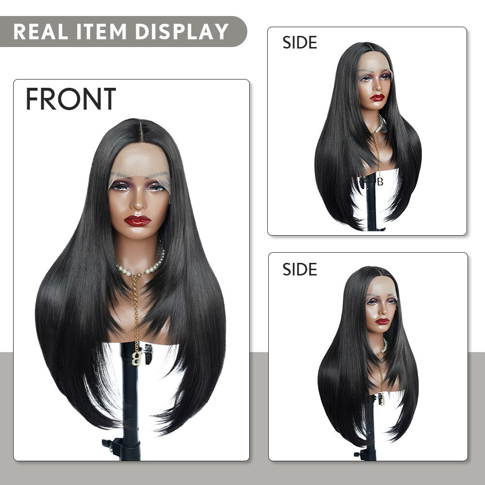Xpoko Butterfly Haircut Wig Layered Wig Synthetic Straight Wigs For Women Lace Wig Pre Plucked Black Natural Hair Heat Resistant Fiber