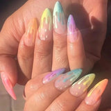 Xpoko 24Pcs Rainbow Almond False Nails with Glue Long Simple Fake Nails French Acrylic Nail Press on Full Over Wearable Nail Tips