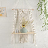 Xpoko DIY Handmade Tassel Macrame Tapestry Wall Hanging Shelf Boho Cotton Rope Woven Plant Hanger Wood Floating Shelf Wall Decor