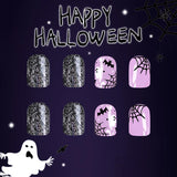 Xpoko 24pcs Purple Halloween Nail Art Set-Short Square Press-On Nails with Ghost Bat Spider Web Designs Fake Nails for Women and Girls