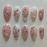 Xpoko 24Pcs Short Round Head Pink Fake Nails with Rose Flowers leaf Pattern Wearable Almond False Nail Full Cover Press on Nails Tips