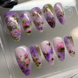 Xpoko 24Pcs Short Round Head Pink Fake Nails with Rose Flowers leaf Pattern Wearable Almond False Nail Full Cover Press on Nails Tips