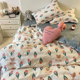 Xpoko Floral Bedding Set No Filling Kawaii Rabbit Duvet Cover Flat Sheet Pillowcase Soft Bed Linens Single Full Dormitory Home Textile