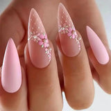 Xpoko 24Pcs Nude Pink Almond False Nails Glitter Powder Designs Fake Nail Long Stiletto Nails Set Artificial Wearable Press on Nails