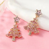 Xpoko Christmas Gifts Sweet Pink Christmas Tree Earrings For Women Sparkling Full Rhinestone Crystal Xmas Tree Dangle Earring New Year Party Jewelry